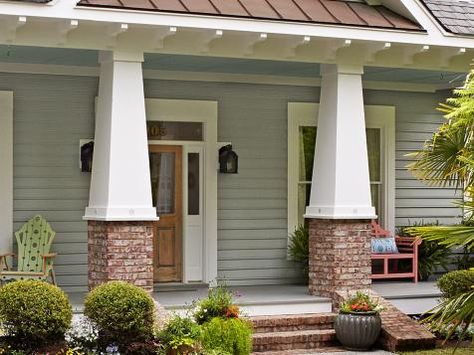 Porch Elevation, Craftsman Columns, Hgtv House, Wood Porch, Brick Columns, Brick Steps, Exposed Rafters, Porch Columns, Craftsman Exterior