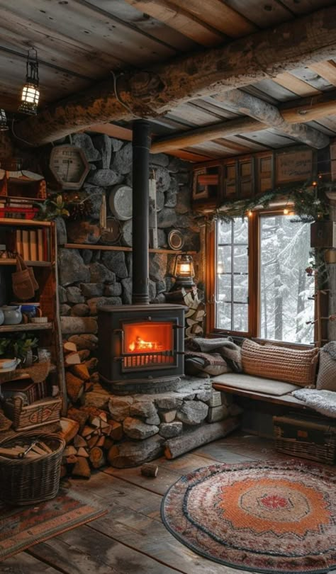 Brick Fireplace With Wood Stove, Cabin In The Woods Interior, Cabins In The Woods Interior, Small Log Cabin Interior, Old Cabin Interior, Hunting Cabin Interior, Log Cabin Living, Log Cabin Interior, Little Cabin In The Woods