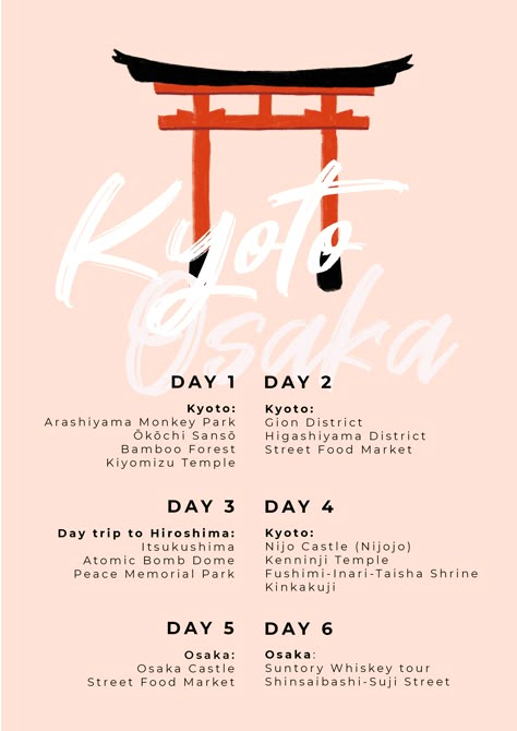 Kyoto & Osaka 6 Day Itinerary Osaka Kyoto Itinerary, Osaka Japan Itinerary, Osaka Bucket List, Osaka Itinerary, Osaka Travel, Japan Honeymoon, Tokyo Map, Kyoto Itinerary, Kyoto Travel Guide