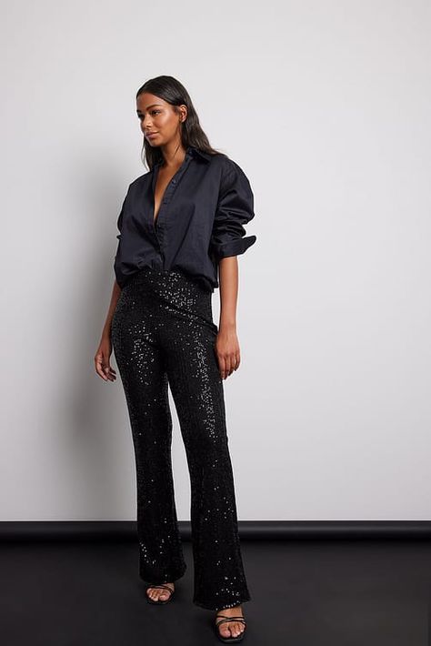 Black Glitter Pants Outfit, Sparkly Pants Outfit, Black Sequin Pants Outfit, Glitter Pants Outfit, Sequin Trousers Outfits, Sequins Pants Outfit, Satin Pants Outfit, Sparkly Pants, Black Sequin Pants