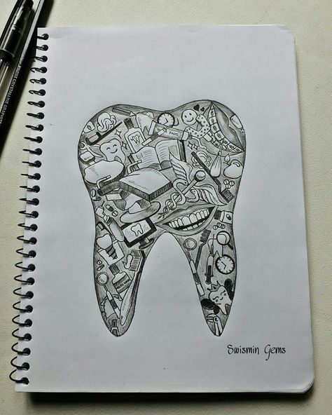 Dental Doodle Art, Dental Hygiene Tattoo, Tooth Drawing Sketches, Dentist Art Design Teeth, Dental Art Design, Dentist Doodle, Dentist Drawing, Dental Drawings, Dental Painting