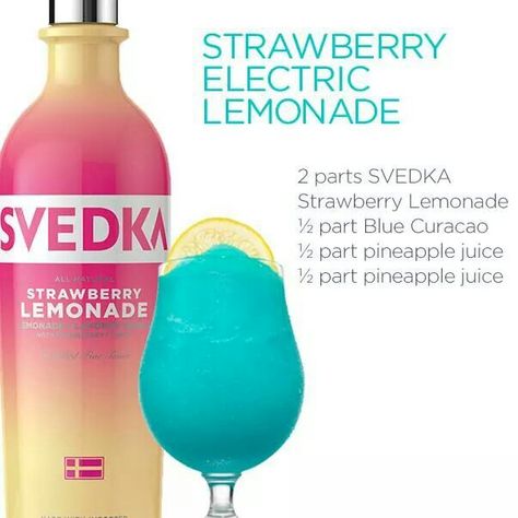 Strawberry Electric Lemonade  2 parts SVEDKA Strawberry Lemonade½ part Blue Curacao½ part pineapple juice½ part fresh lemon juicePour ingredients into a blender, adding ½ cup crushed ice last, and blend at high speed. Pour into a Hurricane/Pilsner glass. Garnish with a lemon wedge. Svedka Drinks, Svedka Strawberry Lemonade, Electric Lemonade, Red Juice, Glass Garnish, Happy Drink, Mixed Drinks Alcohol, Yummy Alcoholic Drinks, Liquor Drinks