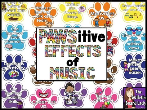 Celebrate the PAWSitive effects of Music with this positively adorable music bulletin board! Created with a colorful, paw print theme, this bulletin board coordinates with the other great paw print themed materials in my store. This music advocacy bulletin board is sure to stop traffic in the hall as students and teach Music Therapy Interventions, Benefits Of Music, Music Bulletin Board, Music Party Decorations, Music Bulletin Boards, Christmas Bulletin Boards, Music Classroom Decor, Theme Poster, Reading Bulletin Boards