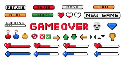 Pixel Game Ui, Ui Buttons, Pixel Game, Start Screen, Virtual Games, Button Game, Progress Bar, Game Interface, Pixel Design