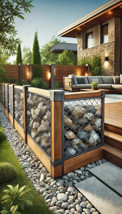 15+ Elegant Gabion Fence Ideas for a Chic Landscape 32 Rock Fence Ideas, Front House Fence Ideas, Gabion Fence Ideas, Front Fence Ideas, Front Patio Ideas, Unique Fence Ideas, Rock Fence, Green Wall Design, Gabion Fence