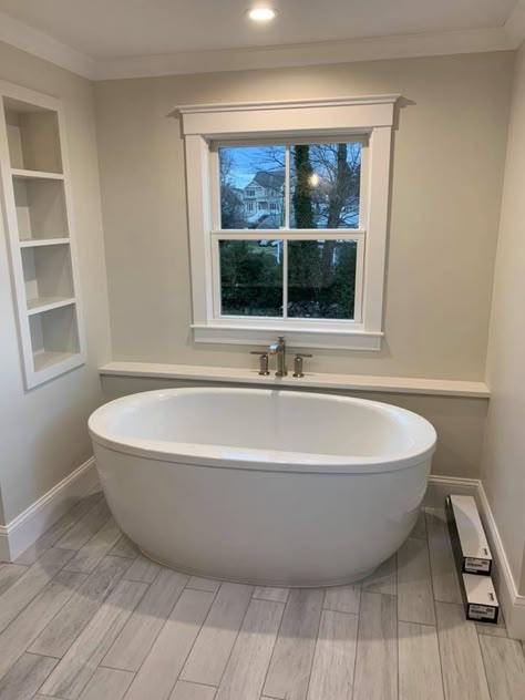 Bathroom Ideas Free Standing Bath Freestanding Bathtub, Bathroom Window Above Tub, Free Standing Tub Faucet Ideas, Stand Alone Bath Tub Bathroom Ideas, Wall Behind Free Standing Tub Ideas, Soaking Tub Small Bathroom, Soaker Tub Faucet, Small Bathroom With Freestanding Tub, Window Over Bathtub