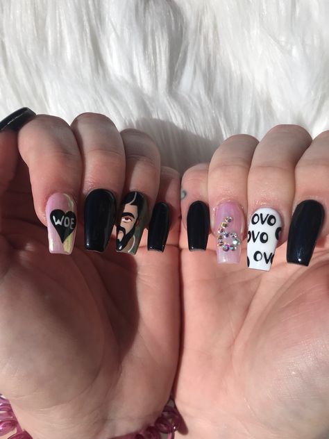 #drakenails #ovo #six #nails #lansingmi Nail Inspo For Drake Concert, Drake Acrylic Nails, Drake Nails Acrylic, Drake Nail Ideas, Drake Concert Nail Ideas, Drake Inspired Nails, Ovo Party Theme, Drake Nails Ideas, Drake Inspo Nails