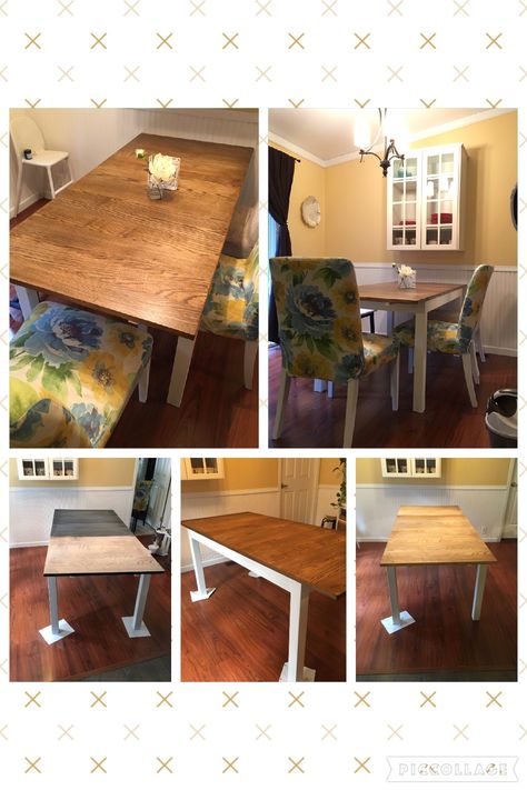 Ikea Bjursta table. Started with a brown black Bjursta table and transformed it into this! With only a sander and paint/stain and of course time, I think it turned out amazing!! Bjursta Table Hack, Ikea Dining Table Makeover, Coffee Table Into Dining Table, Ikea Bjursta Table, Bjursta Table, Painted Dining Room Table, Ikea Dining Table, Ikea Dining Room, Black Kitchen Table