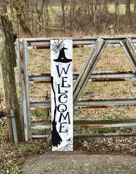 Halloween Welcome Sign, Porch Sign, Fall Decor, Rustic, Farmhouse, Wood Sign, Handmade - Etsy Fall Welcome Boards For Porch, Front Porch Signs Wooden Diy Fall, Diy Halloween Welcome Sign, Fall Diy Signs Outside, Spooky Welcome Sign, Halloween Welcome Sign Front Door, Halloween Porch Boards, Wood Porch Signs Diy, Fall Outdoor Signs Front Porch