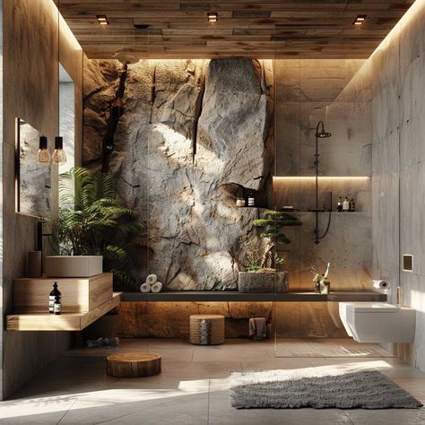 9+ Textured Contemporary Bathroom Ideas with Stone and Concrete • 333+ Art Images Stone Shower Walls, Contemporary Bathroom Ideas, Concrete Shower, Rock Floor, Inspiring Lifestyle, Stone Accent Walls, Stone Wall Design, Stone Tile Wall, Concrete Interiors