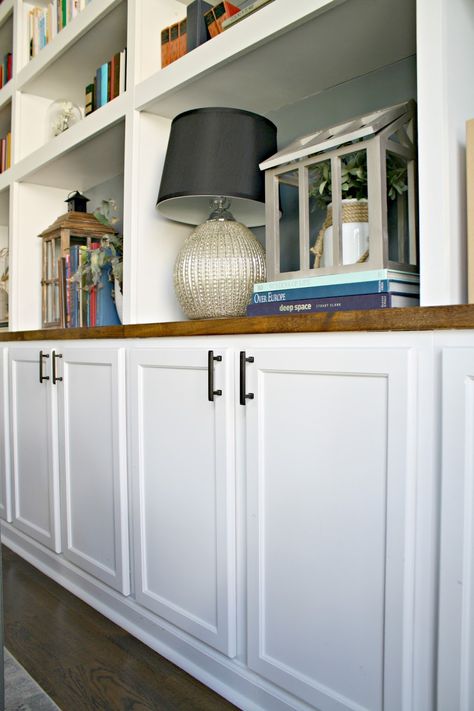 Diy Built In Cabinets, Kitchen Cabinet Storage Solutions, Unfinished Kitchen Cabinets, Stock Kitchen Cabinets, Built In Shelves Living Room, Kitchen Base Cabinets, Living Room Built Ins, Thrifty Decor Chick, Stock Cabinets