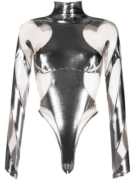 Shop or share your style of the product on ModeSens! Rodeo metallic bodysuit from MUGLER featuring silver-tone, stretch-design, metallic finish, sheer panelling, high neck and long sleeves. Metallic Silver Costume, Sci Fi Aesthetic Fashion, Chrome Clothing, Mugler Bodysuit, Performance Bodysuit, Metallic Suit, Metallic Outfit, Silver Bodysuit, Metallic Jumpsuit