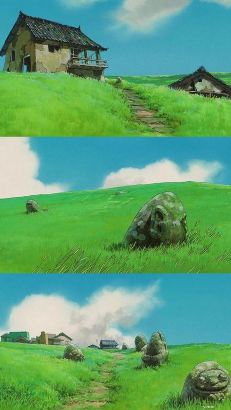 Ghibli Fantasy Art, Ghibli Art Reference, Ghibli Art Style Reference, Ghibli City Background, Studio Ghibli Grass Field, Ghibli Environment Concept Art, Studio Ghibli Environment Art, Ghibli Environment Art, Studio Ghibli Field