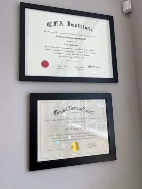 CFA Certificate (Height: Width: 26”) CFP Cerificate (Height: 17” Width: 21”) Certificate Vision Board, Certifications Aesthetic, Cfp Financial Planner, Certification Aesthetic, Cfa Level 1 Aesthetic, Finance Degree Aesthetic, College Diploma Aesthetic, Certificates Aesthetic, Financial Analyst Aesthetic