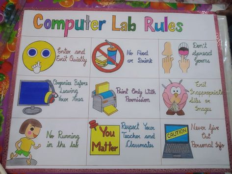 Computer Charts For Lab, Computer Lab Rules Chart, Computer Charts For Classroom, Technology Classroom Decor, Computer Lab Rules, Computer Craft, Lab Rules, Nature Drawing For Kids, Computer Lab Decor