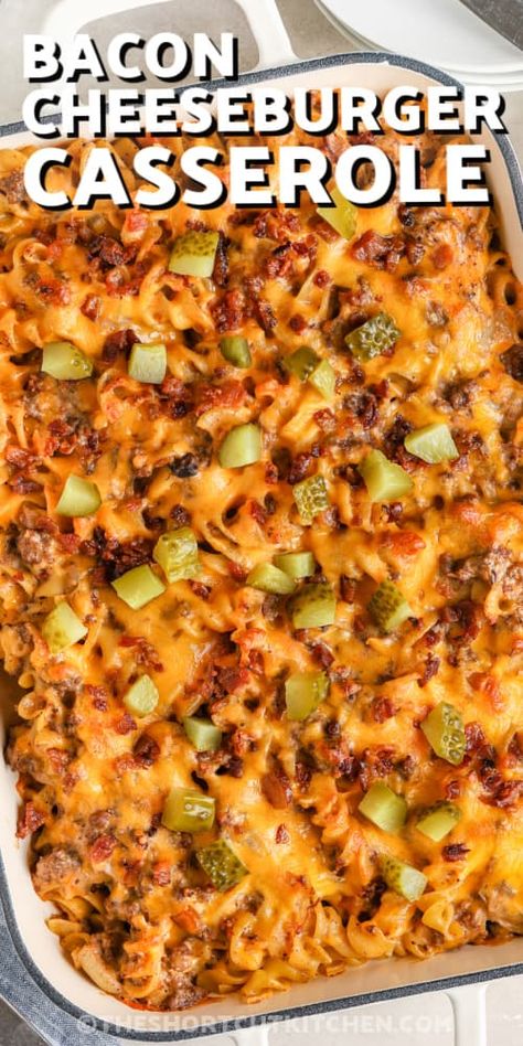 Cheeseburger Casserole With Shells, Bacon Cheeseburger Pasta Bake, Cheeseburger Pasta Bake, Hamburger And Cheese Recipes, Bacon Cheeseburger Macaroni, Bacon And Hamburger Recipes, Bbq Bacon Cheeseburger Casserole, Loaded Bacon Cheeseburger Pasta, Hamburger Casserole Recipes Easy