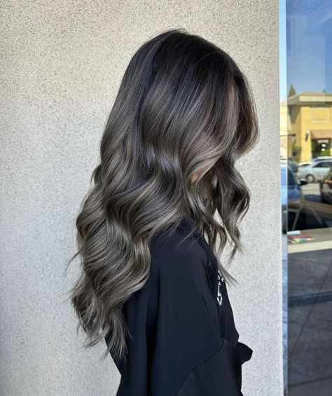 Midnight Ash Hair Color, Asian Dye Hair, Winter Brunette Balayage, Bronde Balayage On Black Hair, Hair Ashy Brown, Brown Hair Ash Highlights, Winter Hair Color For Brunettes Balayage, Ashy Balayage On Black Hair, Platinum Highlights On Brown Hair