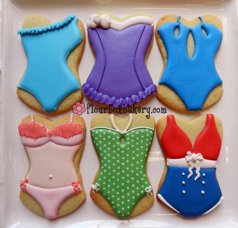 Flour Box Bakery — How to Decorate a Swimsuit Cookie Swimsuit Cookies, Corset Cookies, Flood Cookies, Flour Box Bakery, Summer Sugar Cookies, Painted Cookies, Beach Cookies, Decorate Cookies, Cookie Decoration