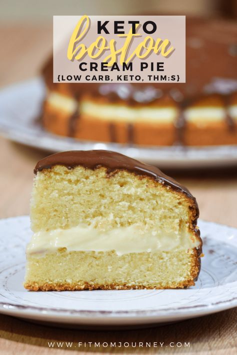 Keto Boston Cream Pie - Fit Mom Journey Keto Boston Cream Pie, Easy Custard Filling, Keto Boston Cream, Qi Stagnation, Boston Cream Cake, Easy Custard, Keto Cakes, Boston Trip, Dump Cakes