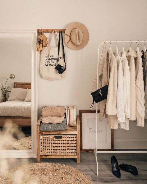 Neutral Bedroom Dressing Area - 5 Essentials Every Girl Needs To Keep Her Closet Organized: Beautifully styled warm neutral dressing area in bedroom corner with neat and organized open clothes rack and storage for getting ready in the morning. @chloedominik #neutralbedroomarea #dressingareainbedroom #styledclothingrack #closetessentials #closetessentialsforwomen #closetorganizationideas #wardrobeorganisation #tidycloset Spring Fashion Essentials, Cute Dorm Rooms, Diy Apartment Decor, Red Decor, Decor Essentials, Blue Bedroom, Fireplace Decor, Small Space Living, Cool Rooms