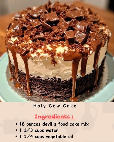 Ingredients: 18 ounces devil’s food cake mix 1 1⁄3 cups water 1 1⁄4 cups vegetable oil 3 large eggs.... Holy Cow Cake, Cow Cake, Butterfinger Candy, Cow Cakes, Devils Food Cake Mix Recipe, Devils Food Cake, Warm Cake, Caramel Topping, Devils Food