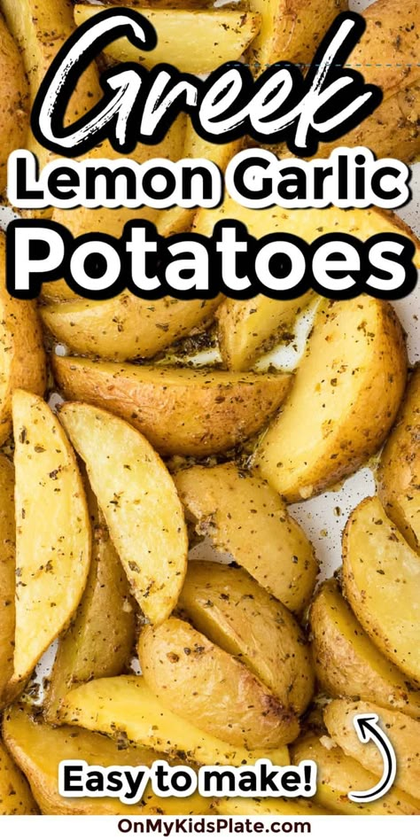 Close up of greek potatoes on a pan with title text overlay Jimmy The Greek Potatoes, Potato Marinade, Greek Easter Dinner, Lemon Garlic Potatoes, Greek Potatoes Recipe, Potatoes Oven Roasted, Oven Roasted Pork Loin, Potatoes Oven, Yummy Potatoes