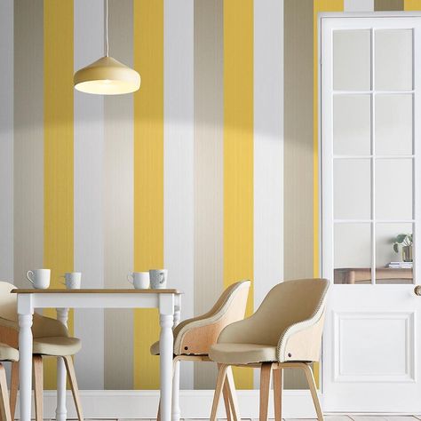 Figaro Yellow Wallpaper | Yellow Wallpaper | Graham & Brown Yellow Stripes Wallpaper, Decorating Table, Bedroom Colours, Серая Кухня, Florida Design, Yellow Bedroom, Brown Wallpaper, Yellow Wallpaper, Striped Wallpaper