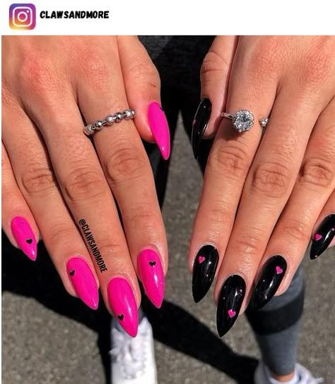 Black Pink Almond Nails, Black Spring Nails 2023, Fun Nail Designs Black, Black Neon Nails Acrylic, Black Design On Pink Nails, 90s Gel Nails, Pink And Black Design Nails, Black Nails Pink Accent, Black With Hot Pink Nails