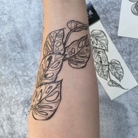 Monsters Leaves Tattoo, Thai Constellation Monstera Tattoo, Monstera Pot Tattoo, Pothos Tattoo Design, Monsters Plant Tattoo, Swiss Cheese Monstera Tattoo, Dark Vine Tattoo, Adansonii Tattoo, Monstera Vine Tattoo