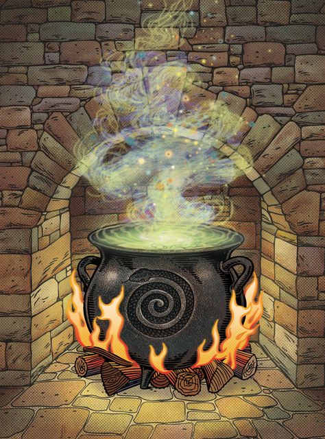 JOHN KACHIK ILLUSTRATION: THE WITCH'S CAULDRON Witches Cauldron Illustration, Cauldron Fantasy Art, Kitchen Witch Art Illustration, Witch Cauldron Illustration, Green Witch Illustration, Witch’s Cauldron, Witches Cauldron Drawing, Fantasy Cauldron, Witch Cauldron Drawing