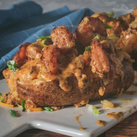 Creamy Cajun Shrimp Loaded Baked Potato - Gimme From Scratch Seafood Baked Potato, Creamy Cajun Shrimp Sauce, Cajun Shrimp Sauce, Shrimp Cream Sauce, Creamy Cajun Shrimp, Loaded Baked Sweet Potato, Sausage And Potato Bake, Potato Sauce, Cajun Seafood