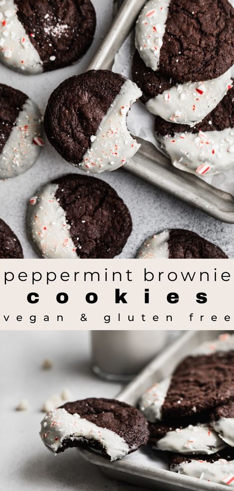 Cookies Dipped In White Chocolate, Peppermint Brownie Cookies, Peppermint Brownie, Chocolate Peppermint Brownies, Gluten Free Christmas Cookies, Vegan Christmas Cookies, Peppermint Chocolate, Peppermint Brownies, Gluten Free Holiday