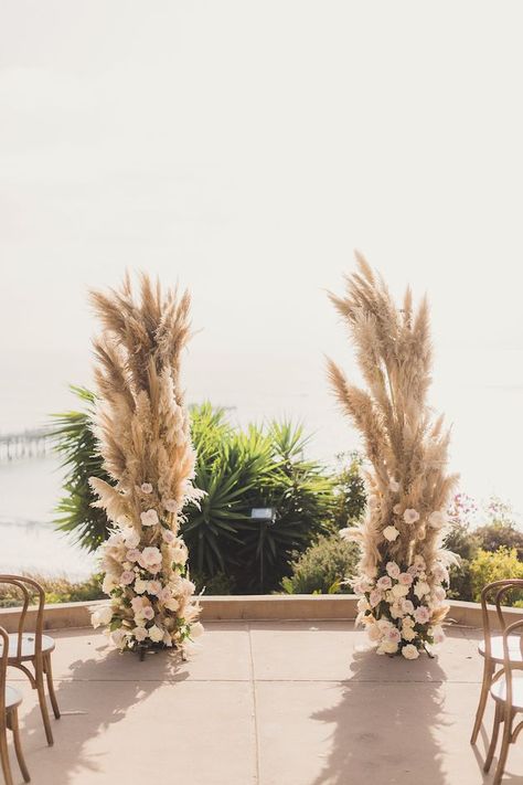 How To Make A Pampas Grass Arch, Pompus Grass Wedding Arch, Pampas Arch Wedding, Greenery And Pampas Grass Wedding Arch, Pampas Table Runner, Ceremony Set Up, Pampas Grass Arbor, Wedding Arch Pampas, Pampas Wedding Arch