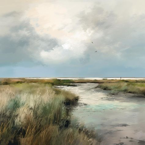 This serene landscape painting depicts a tranquil marsh scene with tall grasses swaying gently in the breeze. A meandering stream cuts through the marsh, leading towards a vast expanse of water and sky. The muted tones of the clouds and the soft hues of the landscape create a calming and contemplative atmosphere. Marshland Paintings, Marsh Painting, Tall Grasses, Cold Wax Painting, Painting Landscapes, Travel Notebook, Serene Landscape, Open Living, Creating Artwork