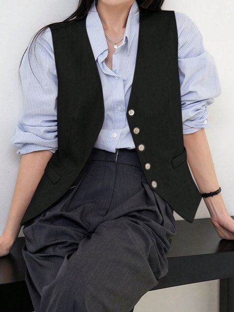 Women's Casual Solid Color Single-Breasted Suit Vest Black Elegant  Sleeveless Fabric Plain vest Non-Stretch  Women Clothing, size features are:Bust: ,Length: ,Sleeve Length: Tuxedo Vest Outfit Women, Black Vest Outfit Casual, Women Vest Outfits, Black Waistcoat Outfit Women, Chaleco Outfit, Casual Vest Outfits, Outfits With Vests For Women, Black Vest Outfits For Women, Black Waistcoat Outfit