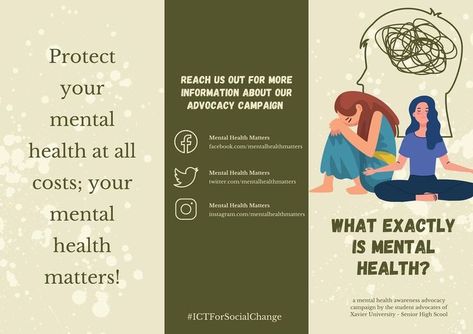 Do you oftentimes get confused about mental health? Worry no more because we have prepared a mental health brochure for you guys! Feel free to scan through it and let us know your thoughts about it! “Mental Health Matters; Break the Stigma!” #ICTForSocialChange Health Brochure, Xavier University, Break The Stigma, Mental Health Matters, Health Matters, Mental Health Awareness, Brochure Design, No More, Knowing You