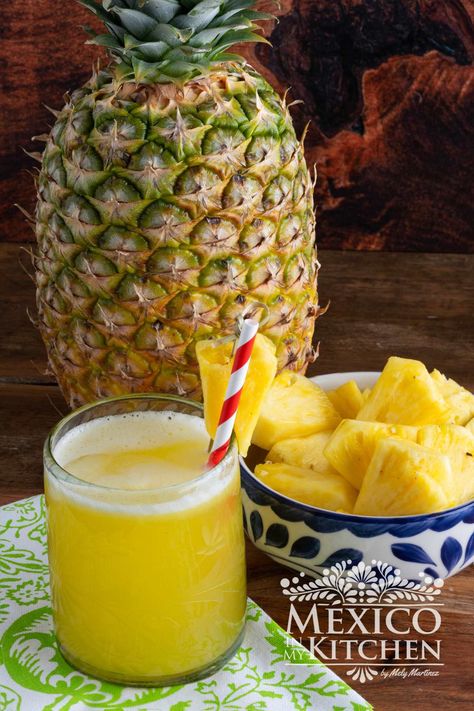 Make this simple yet delightful drink by combining ripe pineapple, sugar, and water. It's a refreshing concoction perfect for summer. Pineapple Aqua Fresca, Mexican Pineapple Water Recipe, Mexican Pineapple, Pineapple Water Recipe, Pineapple Agua Fresca, Mexican Drink Recipes, Pineapple Sugar, Ripe Pineapple, Pineapple Water