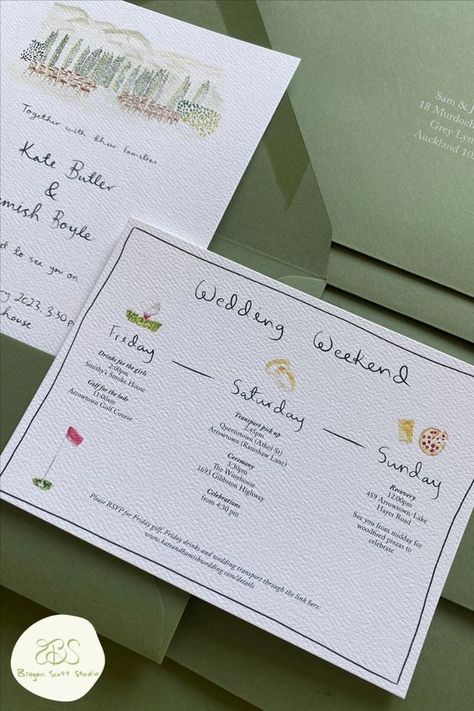 Wedding Weekend Guide.#WeddingInvitations #WeddingStationery #Invitation #WeddingPlanning #CustomInvitations European Style Wedding Invitations, Save The Weekend Invitations, Wedding Day Stationary, Wedding Invitation Handdrawn, Wedding Invite Watercolor, Wedding Weekend Invitation, Simple Wedding Invite, Destination Wedding Invites, Hand Written Wedding Invitation