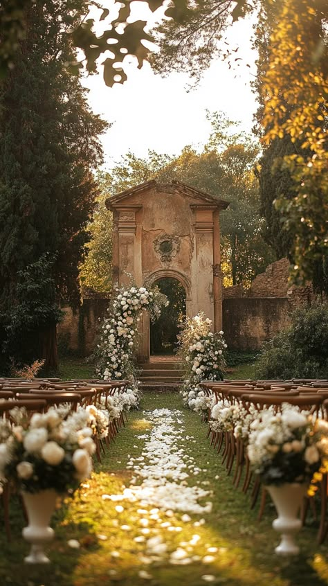 Capture the magic of an Enchanted Girona Wedding! 🌸 Lush gardens and vintage charm create a romantic setting perfect for vows. Let us immortalize your love story with breathtaking videography. #Midjourney #GironaWedding #LoveInBloom #VintageCharm Forest Castle Wedding, Breathtaking Wedding Venues, Wedding Venue Whimsical, Outdoor Chic Wedding, Wedding In A Cave, Intimate Garden Wedding Ideas, Garden Aesthetic Wedding, Wedding Venues Nature, Ruins Wedding Venues