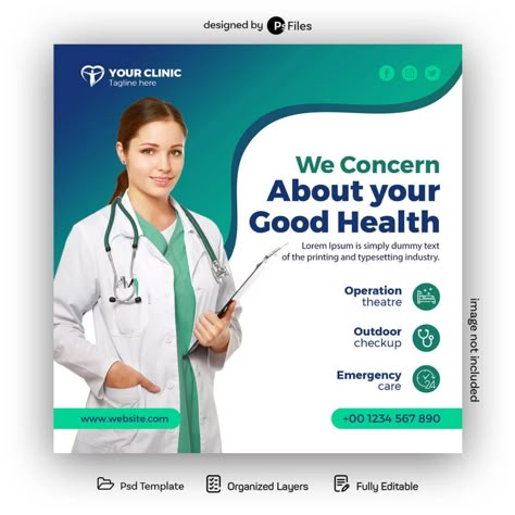 Free Health Care Hospital Social Media Post Design Template - PsFiles Doctors Poster Design, Health Care Social Media Post, Hospital Instagram Post, Hospital Poster Design, Hospital Social Media Post, Hospital Social Media, Hospital Poster, Health Care Hospital, Education Poster Design