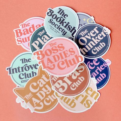 Trendy Sticker Ideas, Trending Stickers 2023, Round Sticker Design, Branded Stickers, Bright Stickers, Stickers For Business, Custom Hard Hats, Sticker Inspiration, Cricut Stickers