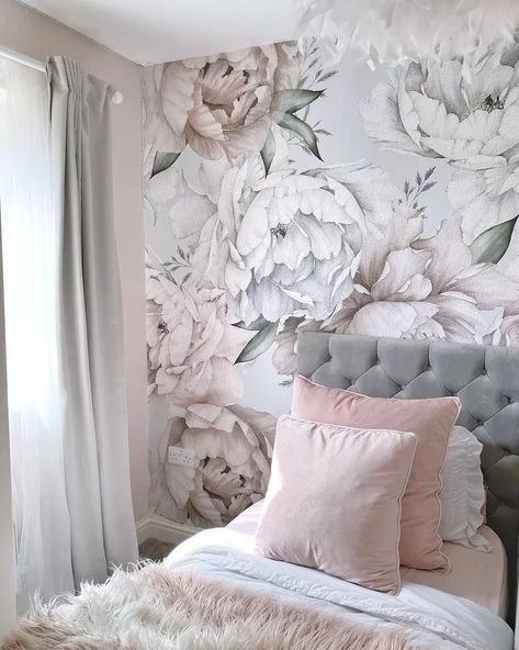 Peony Mural, Girls Bedroom Wallpaper, Pink Bedroom Design, Teenage Girl Room, Teen Girl Bedroom, Patterned Bedding, Shared Room