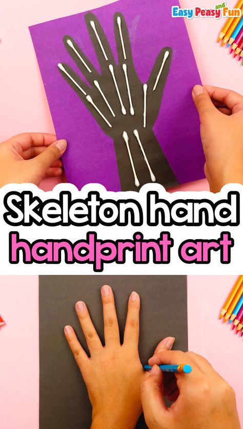 Get your little ones excited for Halloween with this spooky and fun Halloween Handprint Art Skeleton Hand craft! Using handprints, q-tips, and a few simple materials, kids can create their own creepy skeleton hand decorations. This craft is a great addition to your list of Halloween crafts for kids, skeleton craft ideas, and q-tip crafts for kids. Hang your finished skeleton hands around the house or use them as fun props for your Halloween party. Skeleton Hand Craft, Halloween Stations, Halloween Handprint Art, Creepy Skeleton, Halloween Handprint, Skeleton Craft, Art Skeleton, Creative Kids Crafts, Halloween Silhouettes