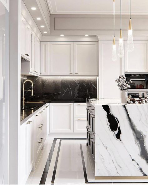 panda marble in the kitchen. black, white and bold. by @balcon.studio via @livingedgeinteriors. seen on ashley stark kenner's instagram. #interior #interiordesign #kitchendesign #marblecounter Front Hallway, Marble Countertops Kitchen, Marble Counter, Interior Kitchen, Gorgeous Kitchens, Kitchen Marble, Luxury Kitchens, Trendy Kitchen, Decor Minimalist