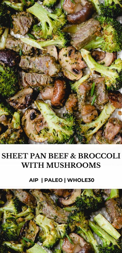 This Sheet Pan Beef and Broccoli with Mushrooms couldn’t be easier. It’s the perfect AIP, paleo, and Whole30 approved quick meal that’s ready in under 30 minutes. #aiprecipes #paleorecipes #paleo #aip #aipdiet #autoimmunepaleo #aipprotocol #autoimmunedisease #whole30 #whole30recipes #easy #easydinnerrecipe #easydinner #healthy #sheetpandinner #quickdinner #quickmeal #healthydinner #beefandbroccoli #mushrooms #onepotmeal #healmedelicious Aip Casserole, Sheet Pan Beef And Broccoli, Broccoli With Mushrooms, Sheet Pan Beef, Aip Dinners, Aip Dinner, Aip Meals, Autoimmune Paleo Recipes, Whole30 Dinner Recipes