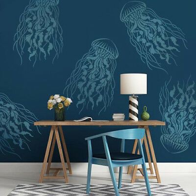 Nautical Wall Stencil, Jellyfish Stencil, Expensive Wallpaper, Nautical Stencils, Decor Around Tv, Large Wall Stencil, Stencil Wall Art, Staining Furniture, Reusable Stencils