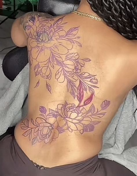 Back Tattoos With Spine Tattoo, Cute Full Back Tattoos For Women, Big Flower Tattoos Back, Rose On Spine Tattoo, Back Left Shoulder Tattoo For Women, Hip To Back Tattoo, Floral Tattoo Design Spine, Peonies Spine Tattoo, Snake And Flower Spine Tattoo