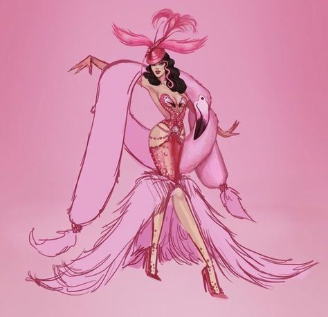 Burlesque Sketch, Drag Drawing, Pink Flamingo Dress, Flamingo Fashion, Drag Queen Outfits, Arte Do Kawaii, Fashion Illustration Sketches Dresses, Fashion Sketches Dresses, Queen Fashion