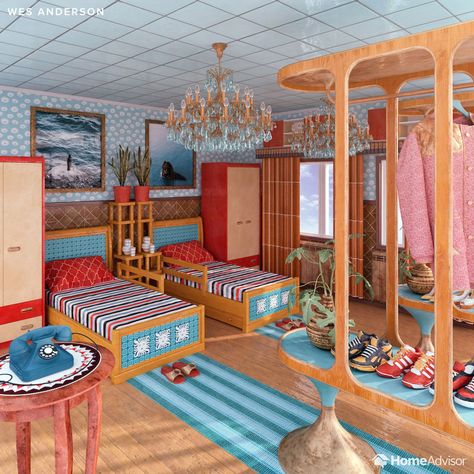 Wes Anderson Room, Fantasy Bedrooms, Wes Anderson Decor, Movie Bedroom, Pink Restaurant, Pastel Bedroom, Fantasy Bedroom, Bedroom Drawing, Design Your Bedroom