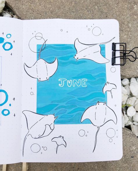 Ocean Design Ideas, Cute Designs For Notes, Cool Titles, Monthly Bujo, Scrapbook Drawing Ideas, Journaling Spreads, June Journal, Ocean Journal Ideas, Design Notebook Ideas